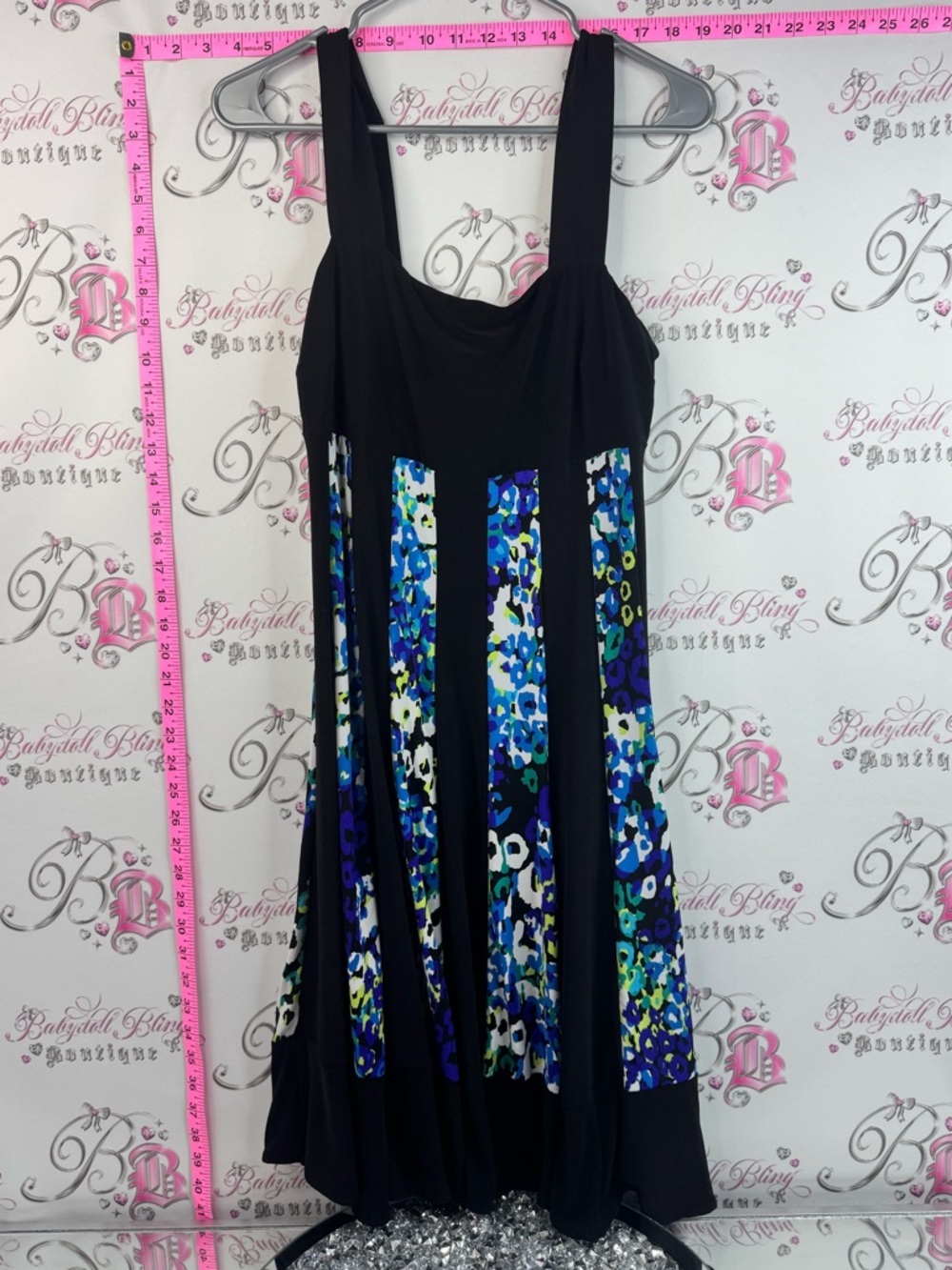 Dress flowers abstract Black Sleeveless A-line Dress with Blue Floral Panels